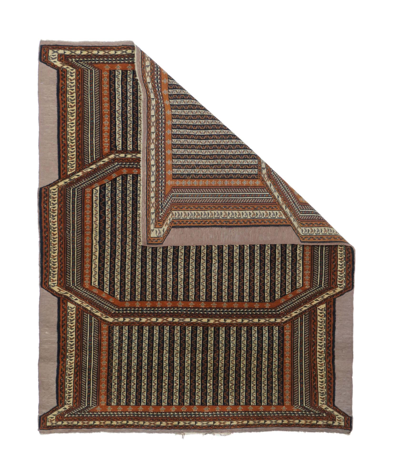 Not Ghouchan or Quchan Kurd, but likely an untrimmed saddle rug from an unidentified east Persian tribe. Stripes alternate in cream and near black, with uniform ribbon meanders. The octagonal section is beneath the rider and the other parts hang