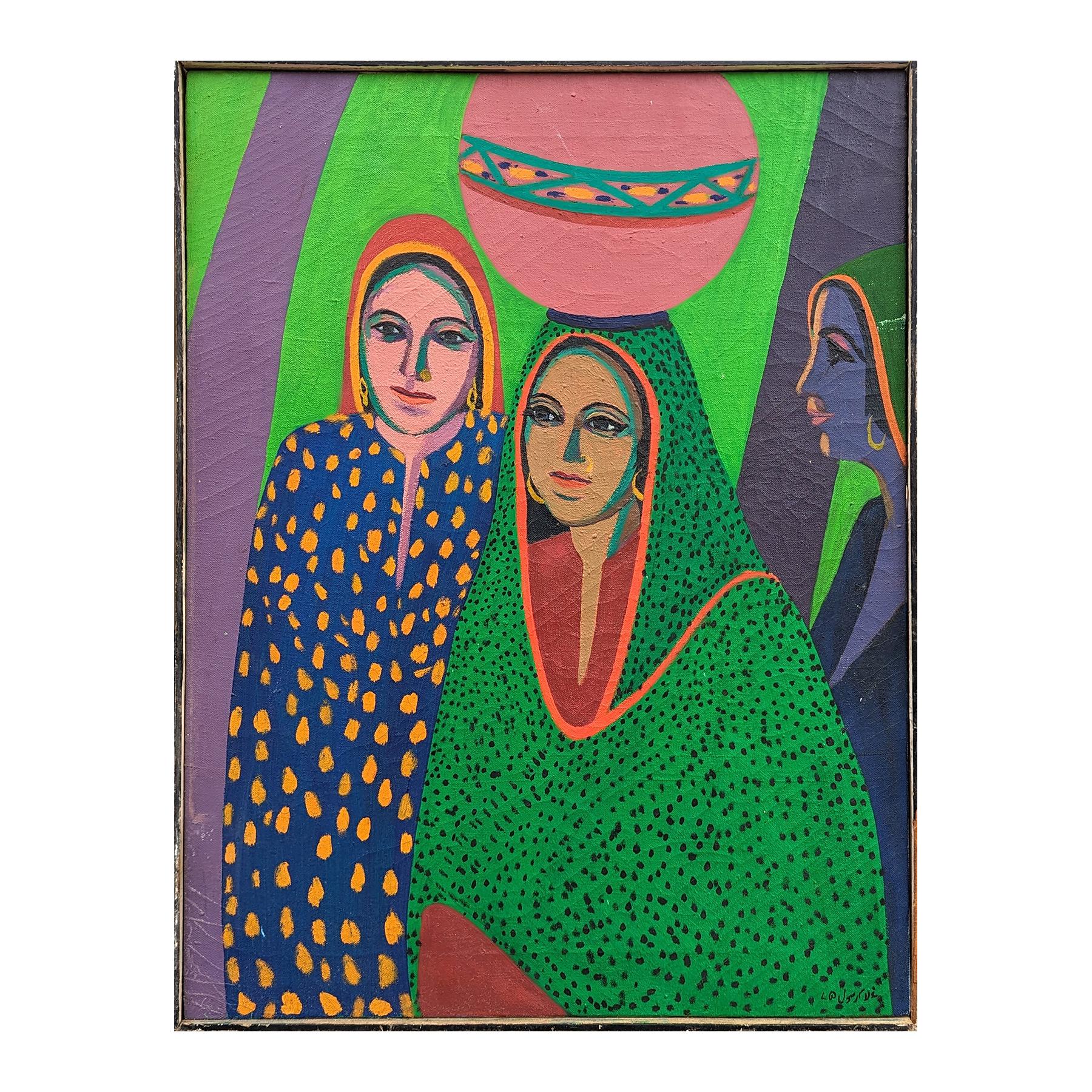 Modern colorful figurative painting by Pakistani artist Ghulam Rasul. The work features three girls in vibrant clothing carrying a water jug set against a geometric green and purple background. Signed and titled on the reverse. Currently hung in a