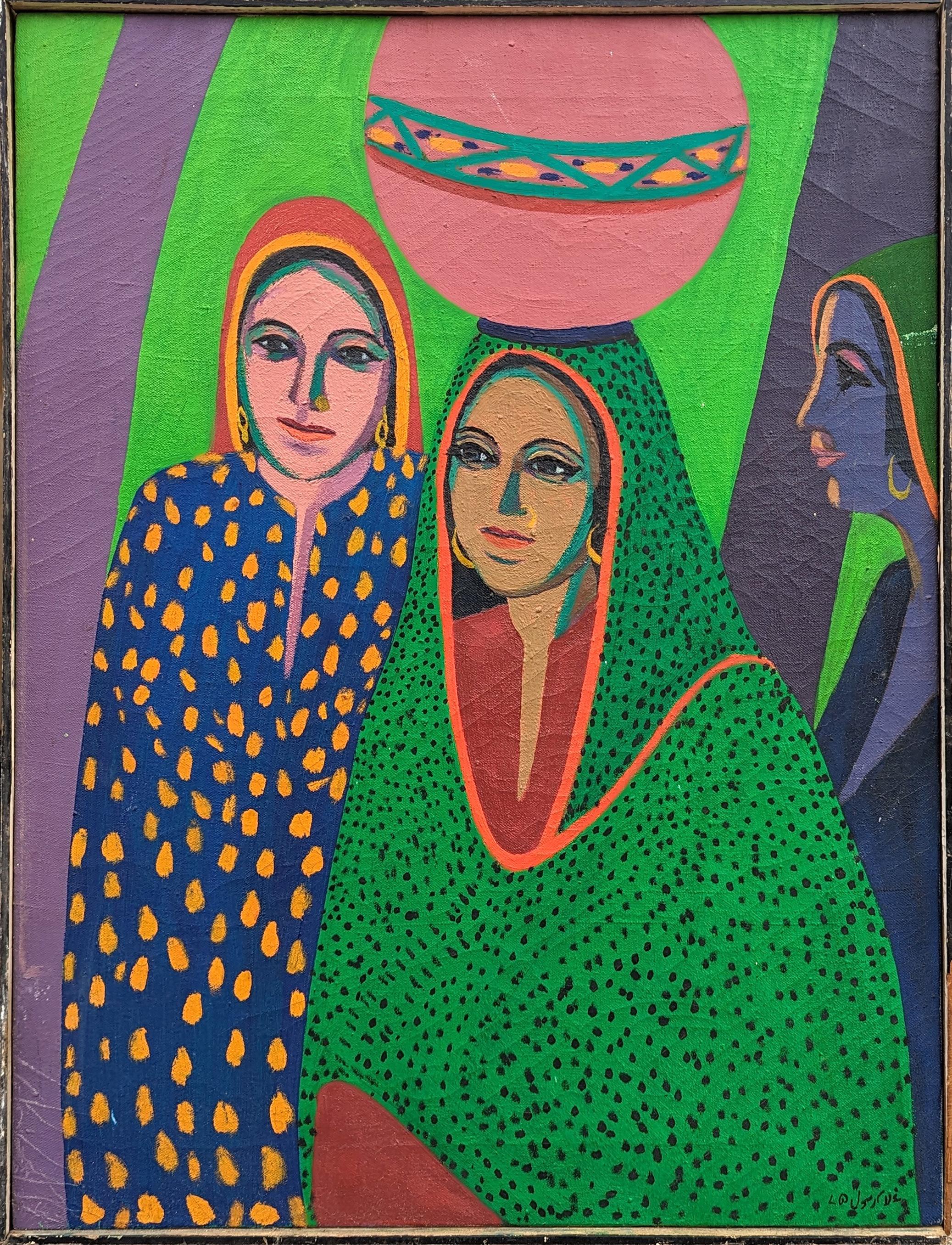 Ghulam Rasul Abstract Painting - "Three Girls" Modern Figurative Abstract Green, Pink, and Purple Toned Painting