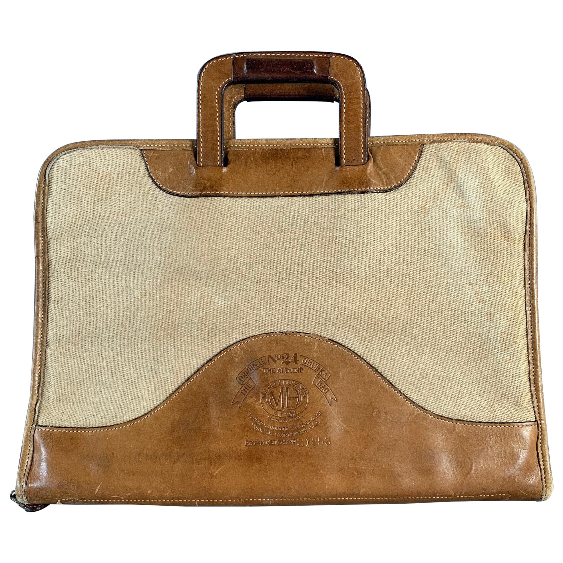 GHURKA Brown Tan Leather 
Canvas Briefcase For Sale