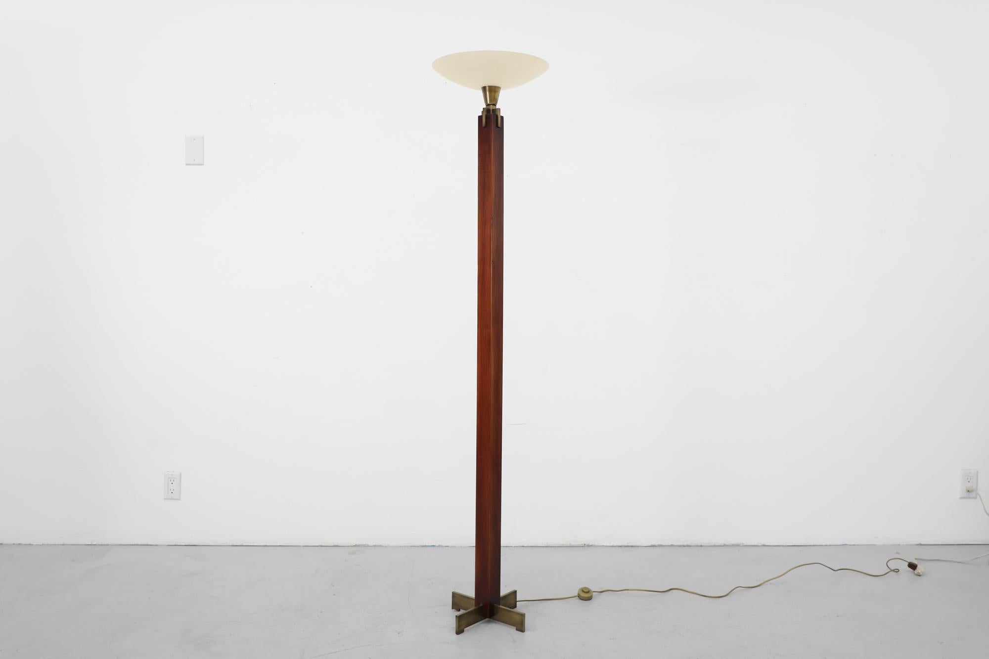 Vintage Art Deco wooden torchiere floor lamp with brass details and frosted glass shade. Shades measure 14.5