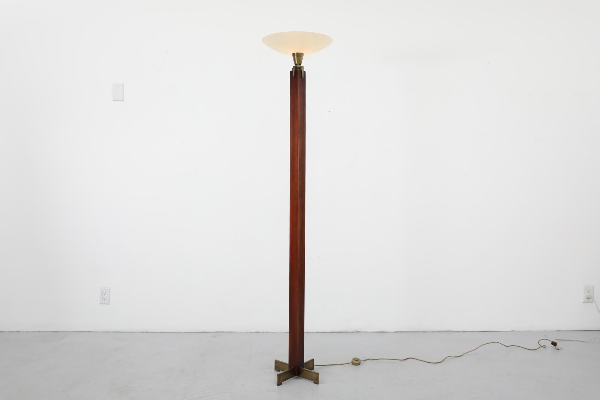Mid-Century Modern Ghyczy Inspired Art Deco Wood and Brass Torchiere Floor Lamp