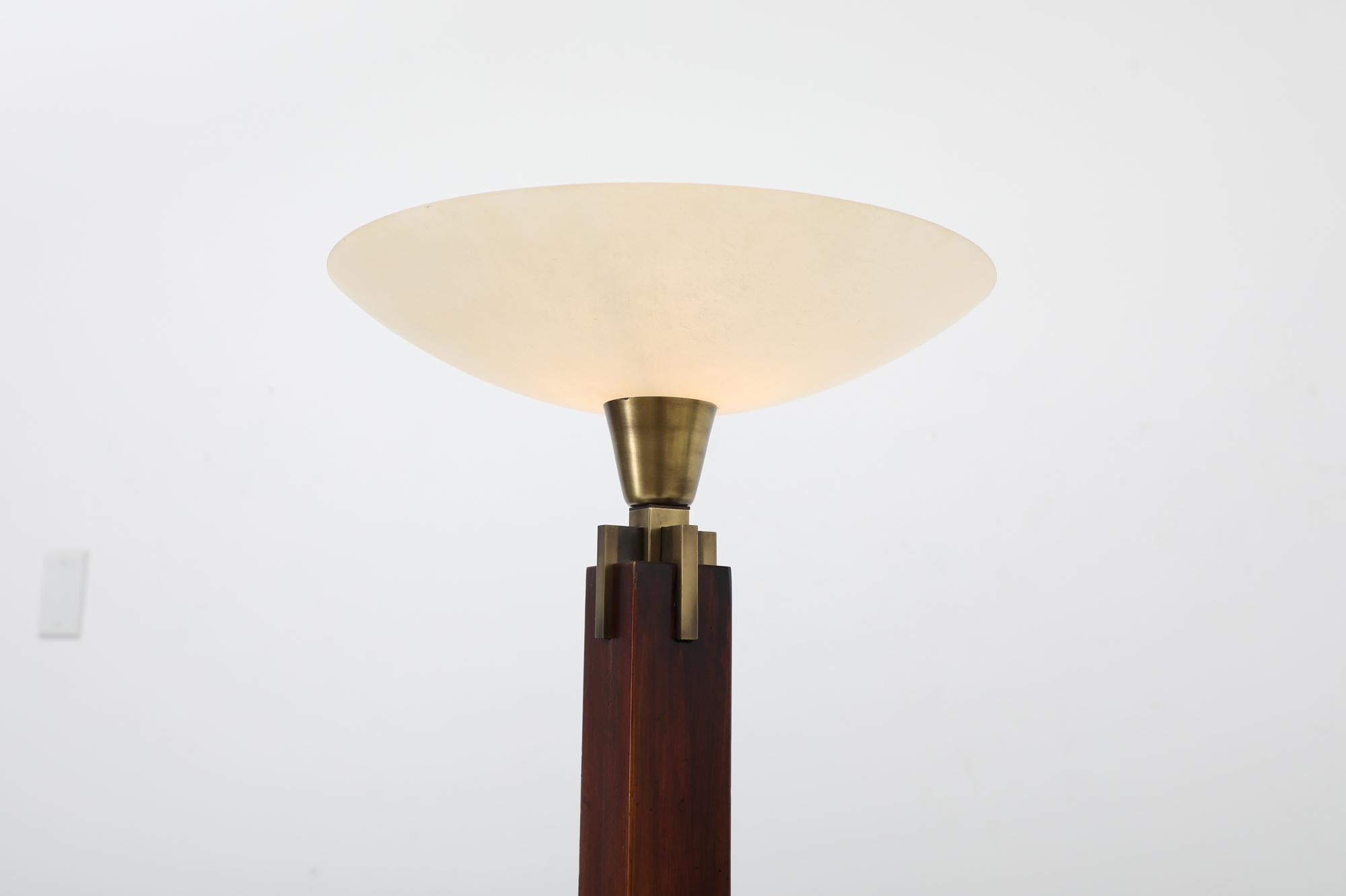 Ghyczy Inspired Art Deco Wood and Brass Torchiere Floor Lamp In Good Condition In Los Angeles, CA