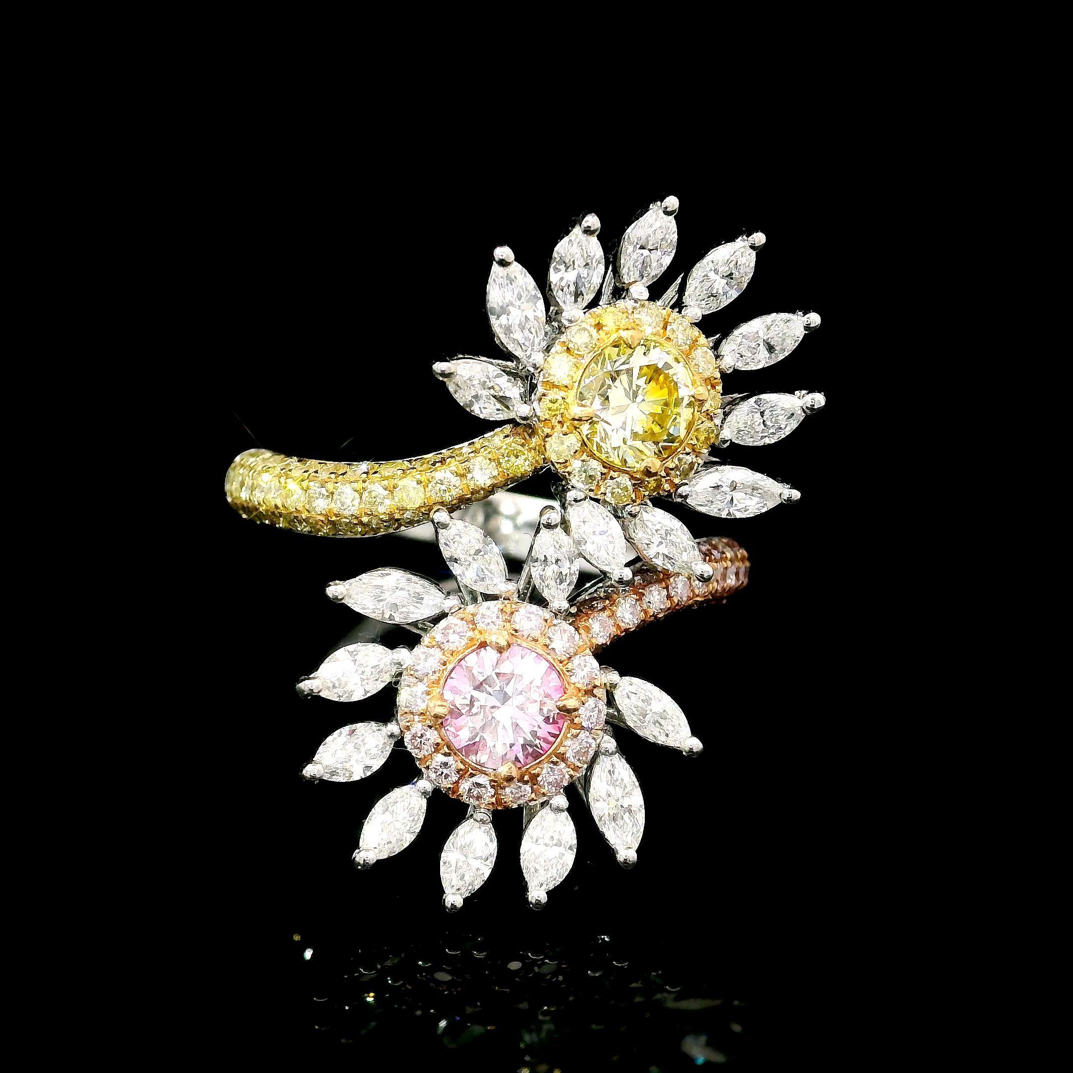Bague en or blanc 18kt avec diamants
  
  Couleur de l'or et carat : Or blanc 18kt
  Poids : 6,60 grammes
  
  Ensemble avec...
  Type de pierre : Diamants
  Forme : Rond / Rond
  Carat : 0,35 / 0,30 
  Couleur : Rose très clair / V.I.I.
  Clarté :