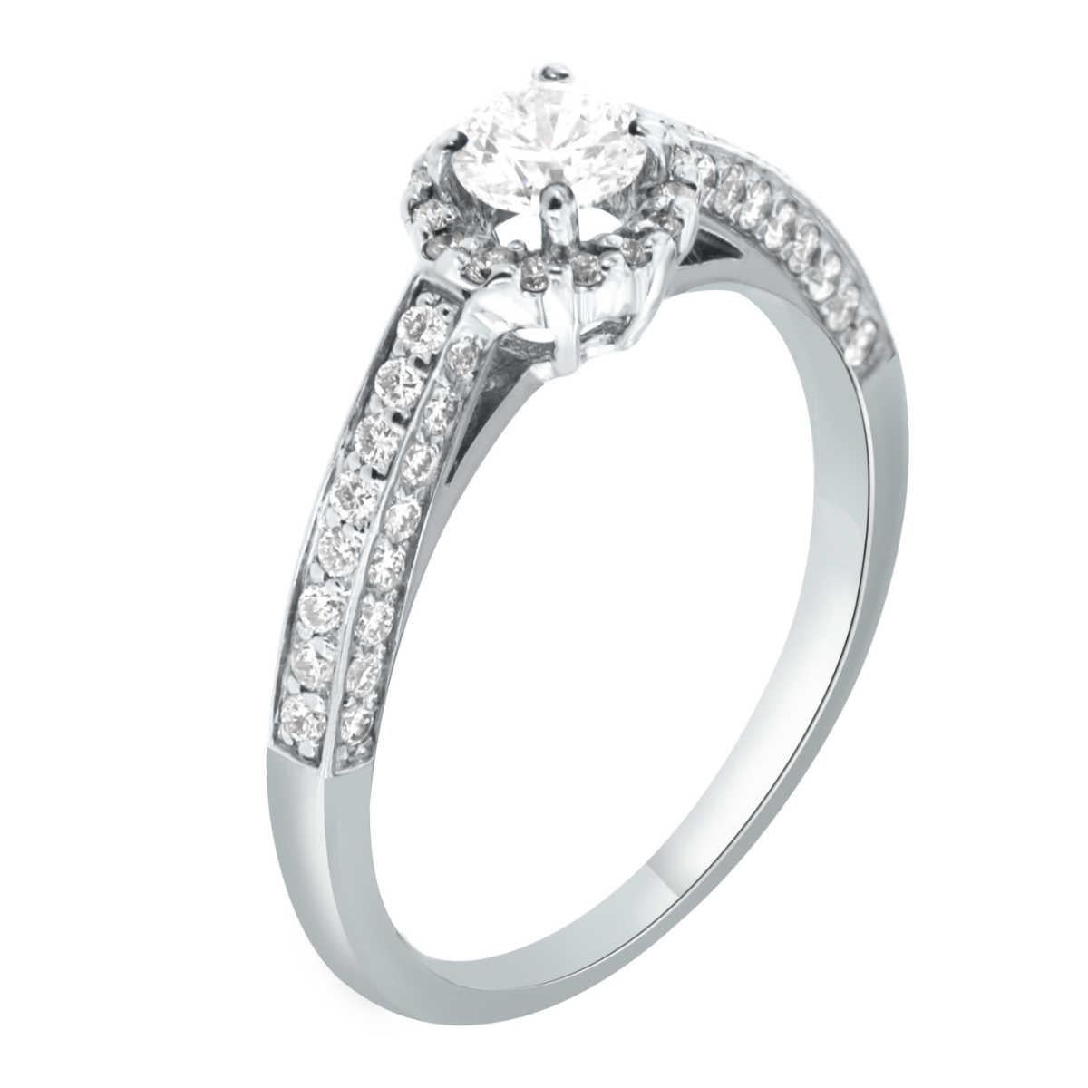 This 18K White Gold handcrafted Women's engagement ring showcases a Round Brilliant Cut diamond accompanied by a melee of Round Brilliant Cut diamonds in a halo setting.

Center Diamond Weight : 0.40 Carats
Side Diamond Weight: 0.38 Carats
Diamond