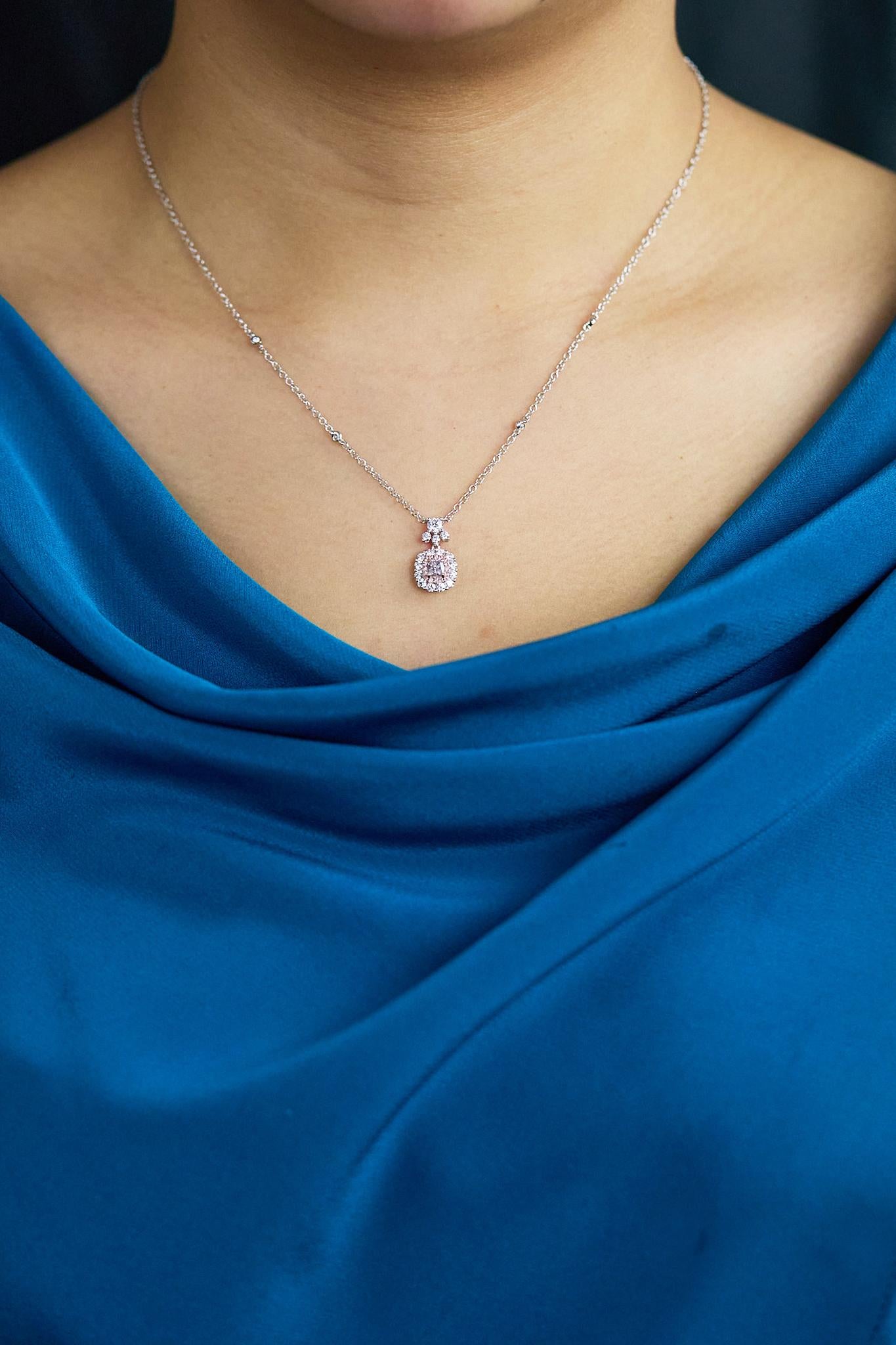 Contemporary Roman Malakov GIA 0.40 Carat Cushion Cut Pink Diamond Halo Pendant Necklace For Sale