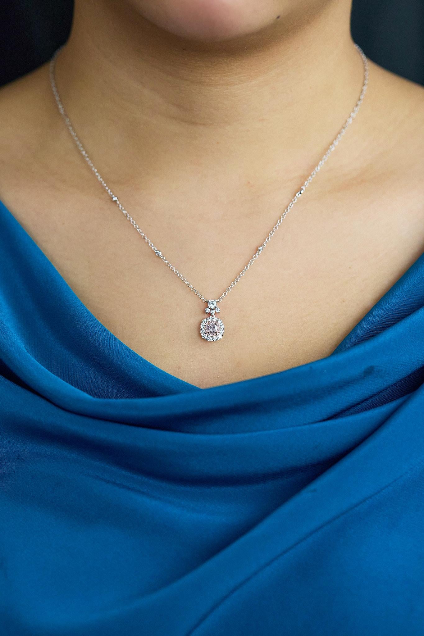 Roman Malakov GIA 0.40 Carat Cushion Cut Pink Diamond Halo Pendant Necklace In New Condition For Sale In New York, NY