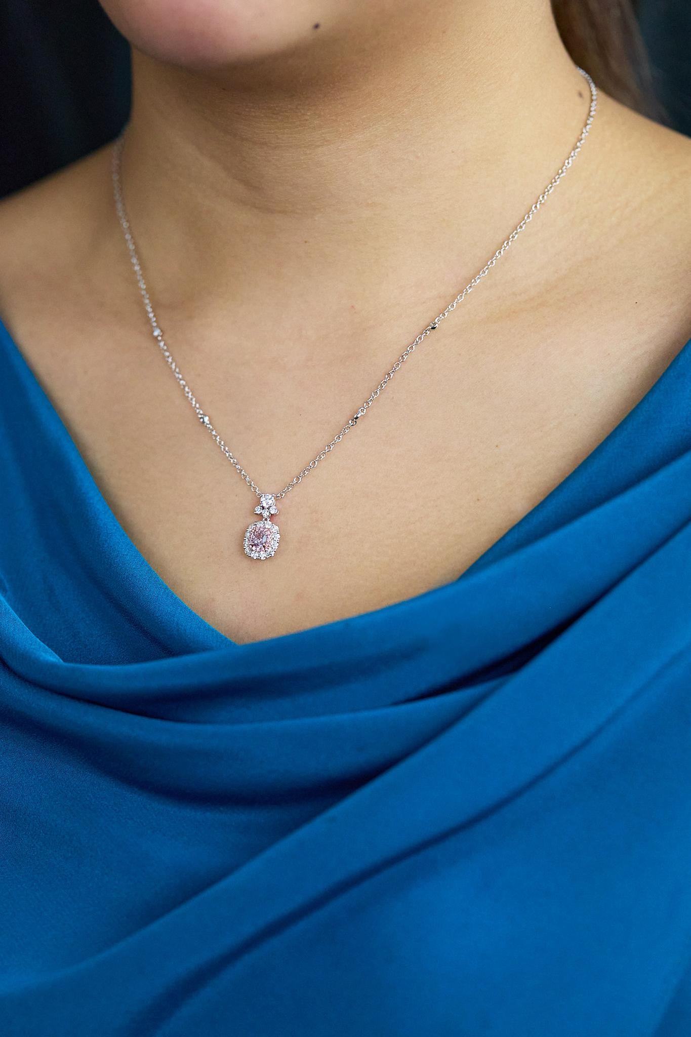 Women's Roman Malakov GIA 0.40 Carat Cushion Cut Pink Diamond Halo Pendant Necklace For Sale