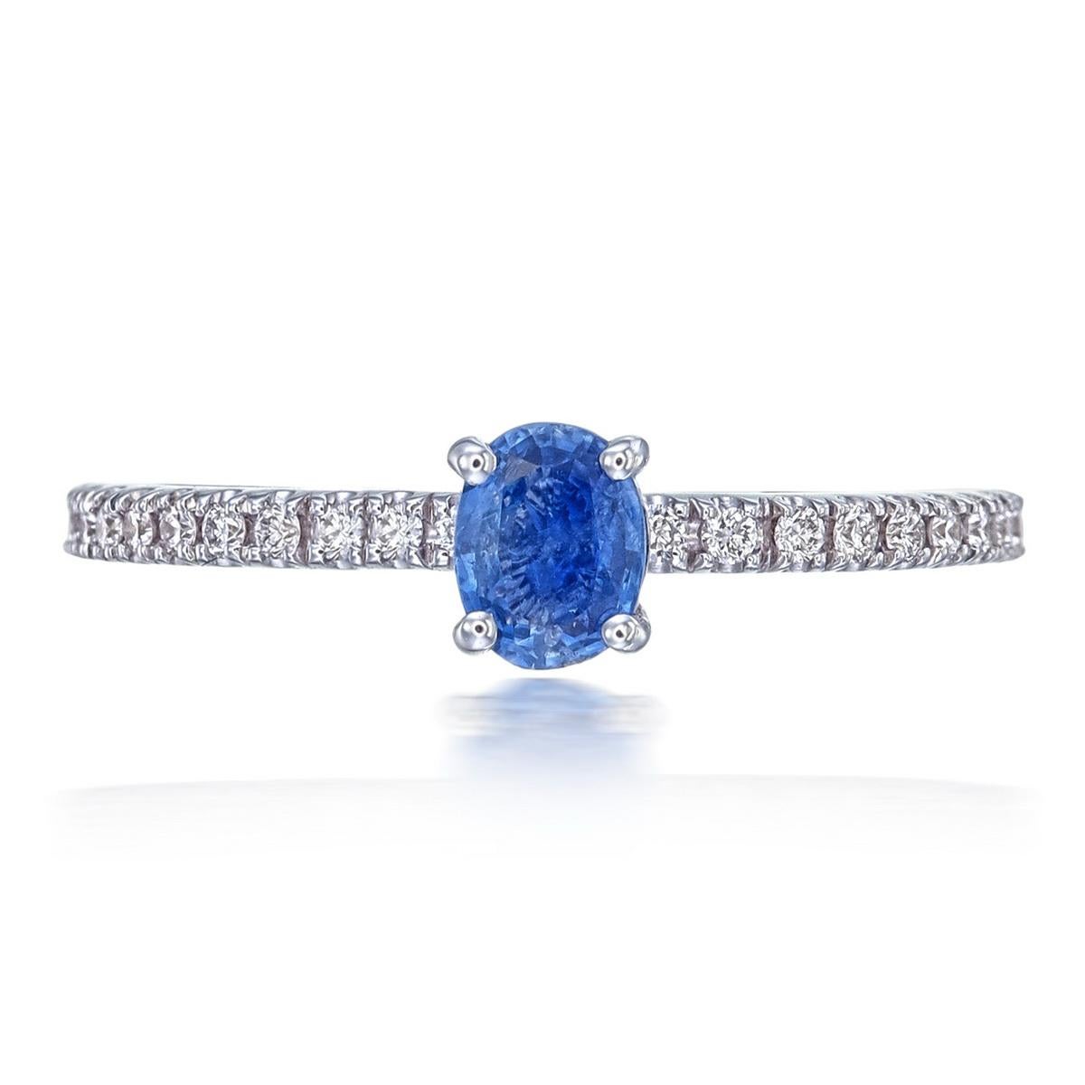 A brand new blue sapphire and diamond ring by Rewa Jewellery. One of our best seller designs is now available with a Kashmir Sapphire! This ring is perfect for daily wear and easy to style on any outfit.

The center gemstone has a sky blue colour