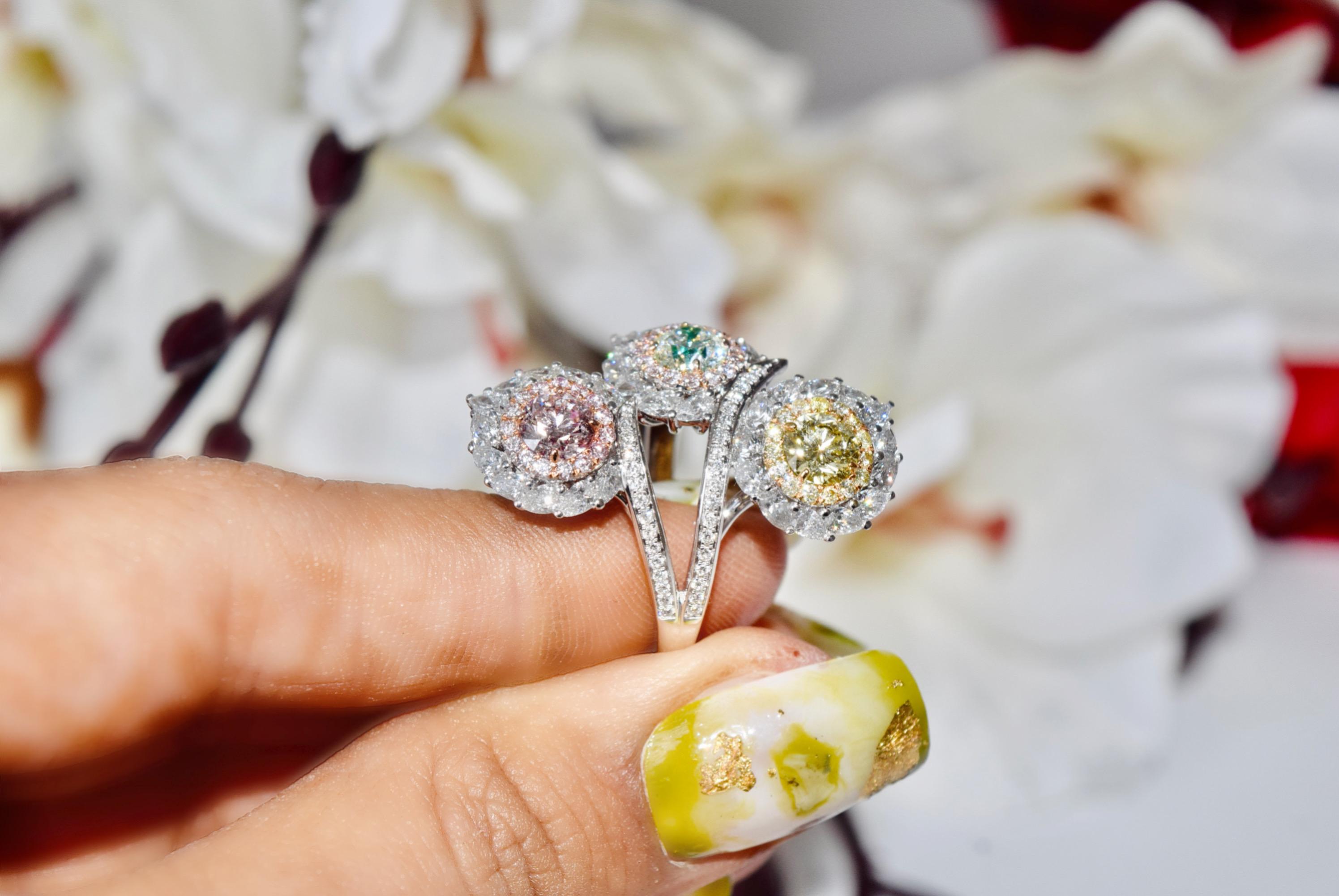 GIA 0.50/0.50/0.46 Carat Faint Pinkish Brown/Light Green Yellow/W-X Diamond Ring For Sale 6
