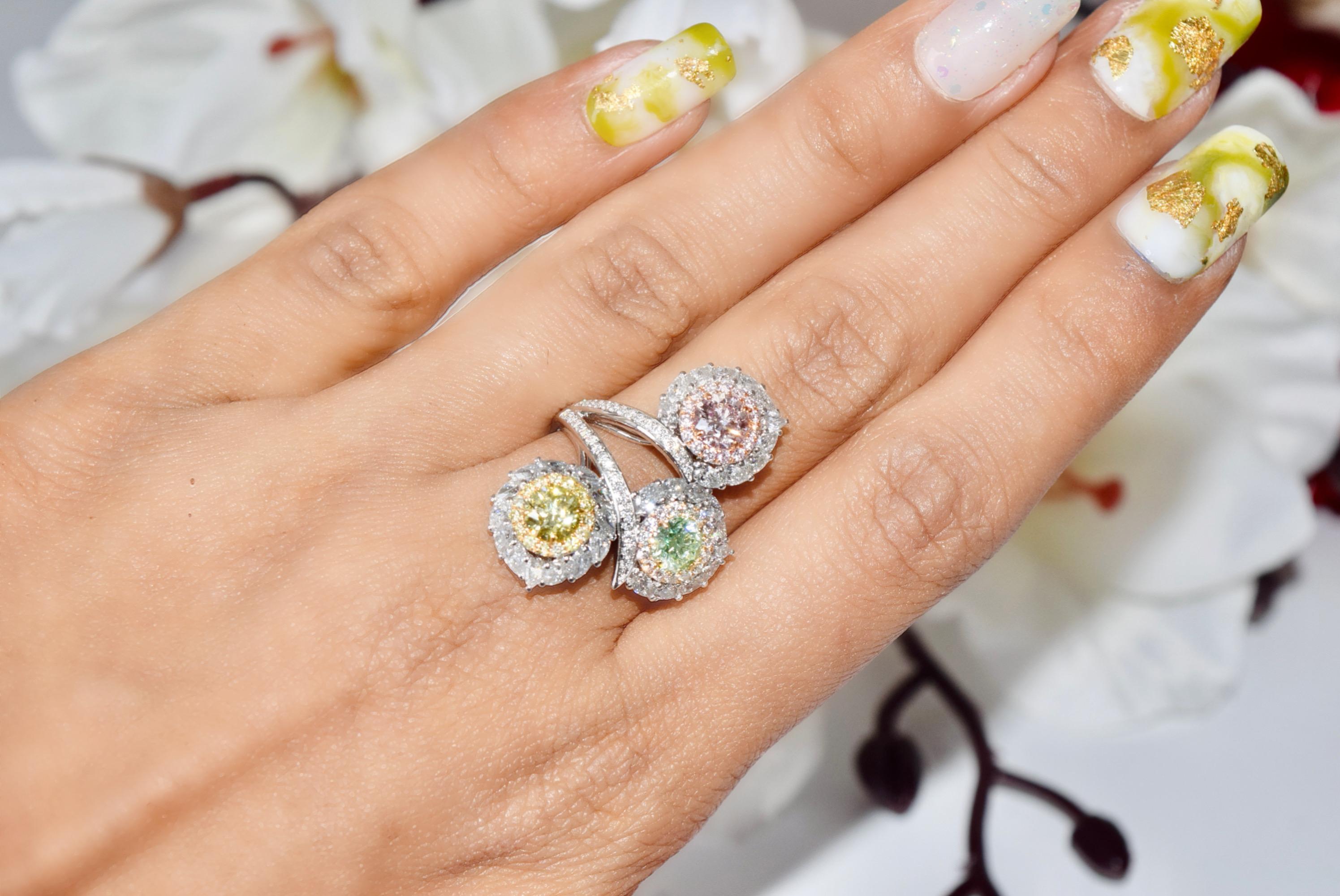 GIA 0.50/0.50/0.46 Carat Faint Pinkish Brown/Light Green Yellow/W-X Diamond Ring For Sale 8