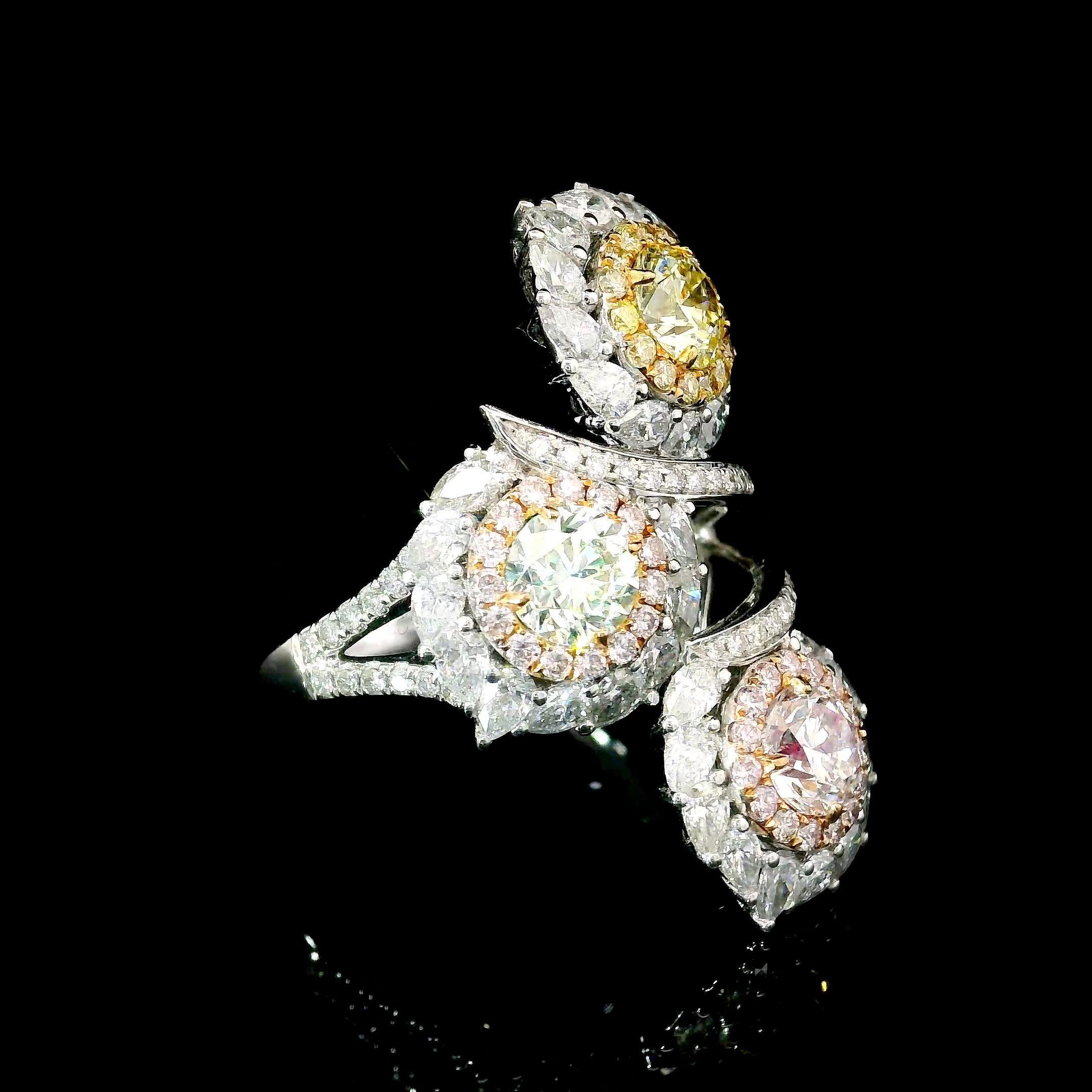 Round Cut GIA 0.50/0.50/0.46 Carat Faint Pinkish Brown/Light Green Yellow/W-X Diamond Ring For Sale