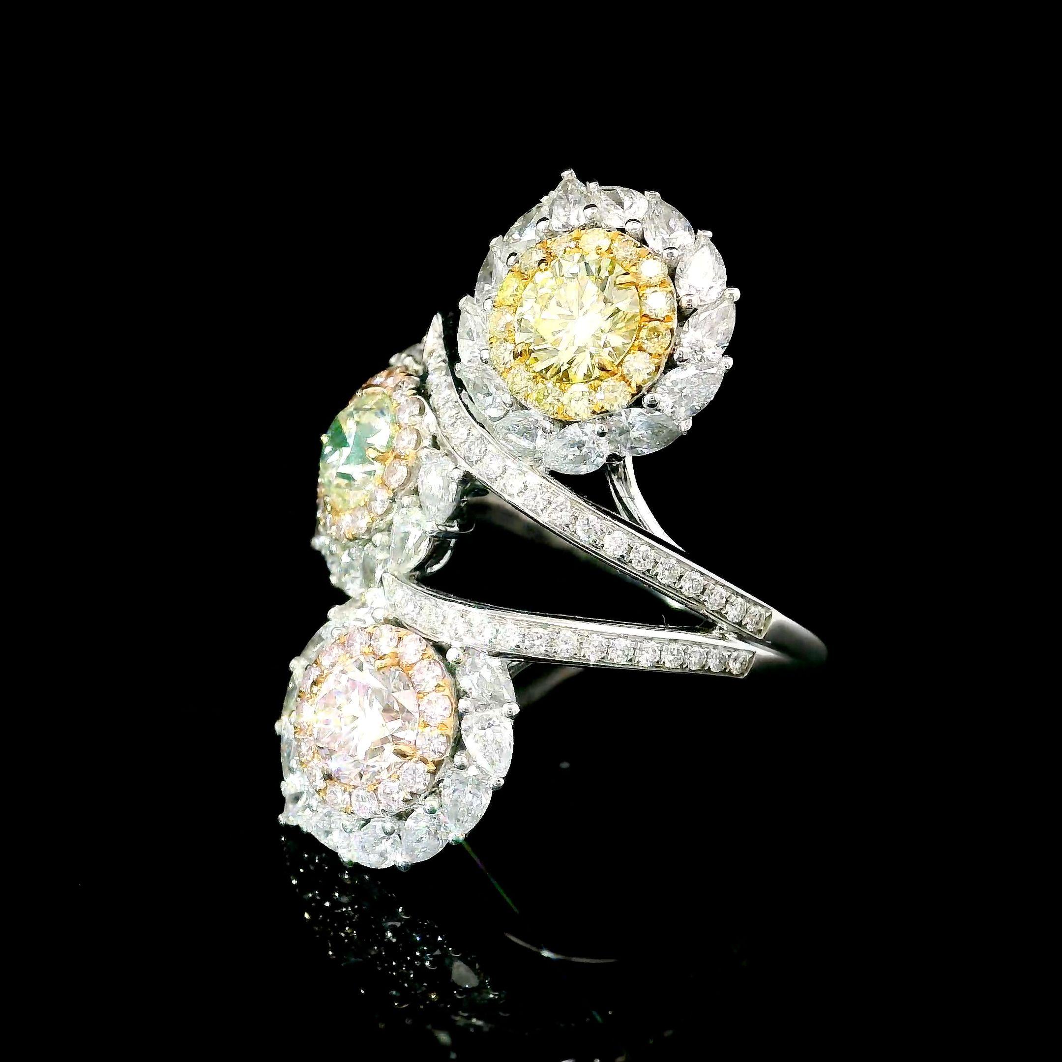 GIA 0.50/0.50/0.46 Carat Faint Pinkish Brown/Light Green Yellow/W-X Diamond Ring In New Condition For Sale In บางรัก, TH