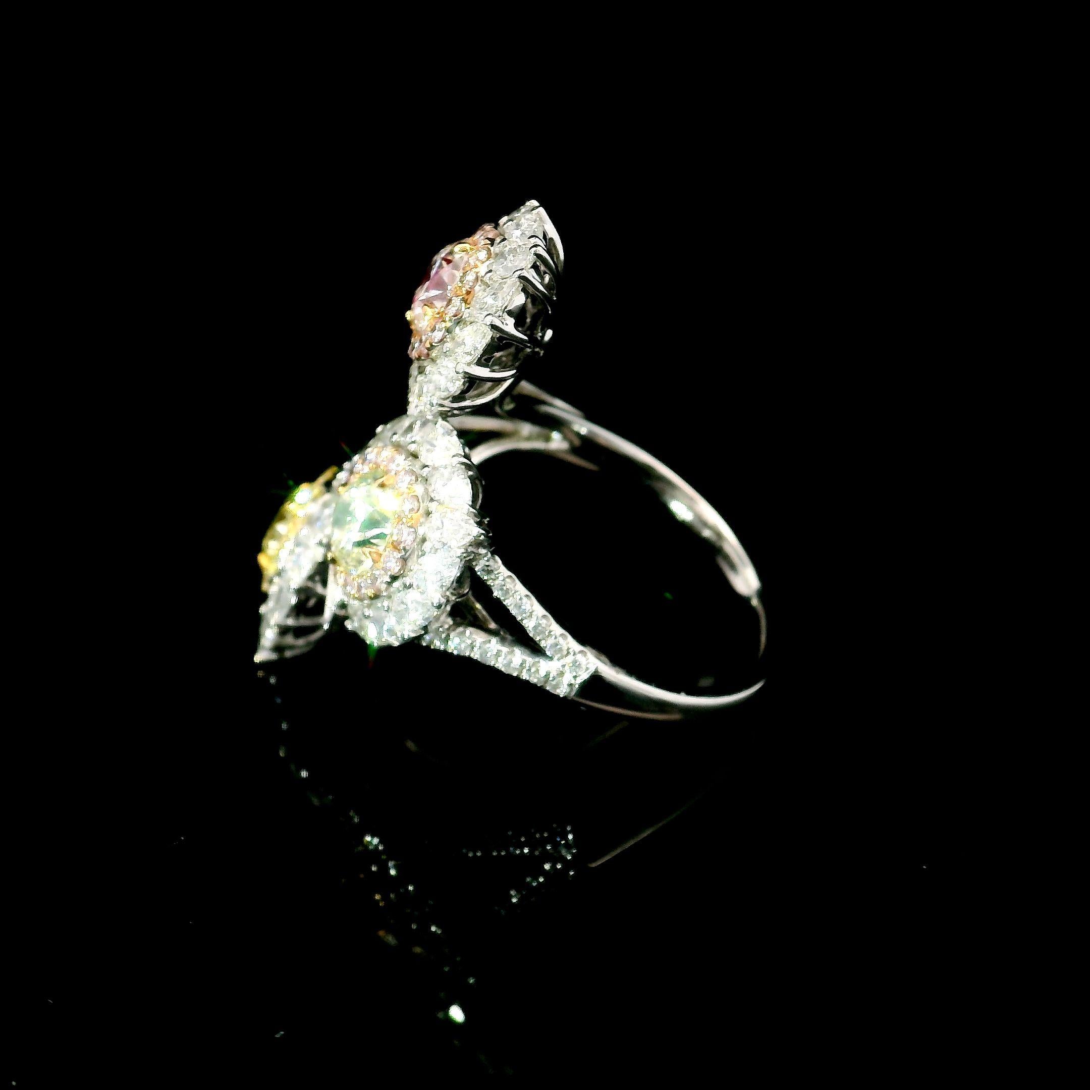 Women's or Men's GIA 0.50/0.50/0.46 Carat Faint Pinkish Brown/Light Green Yellow/W-X Diamond Ring For Sale