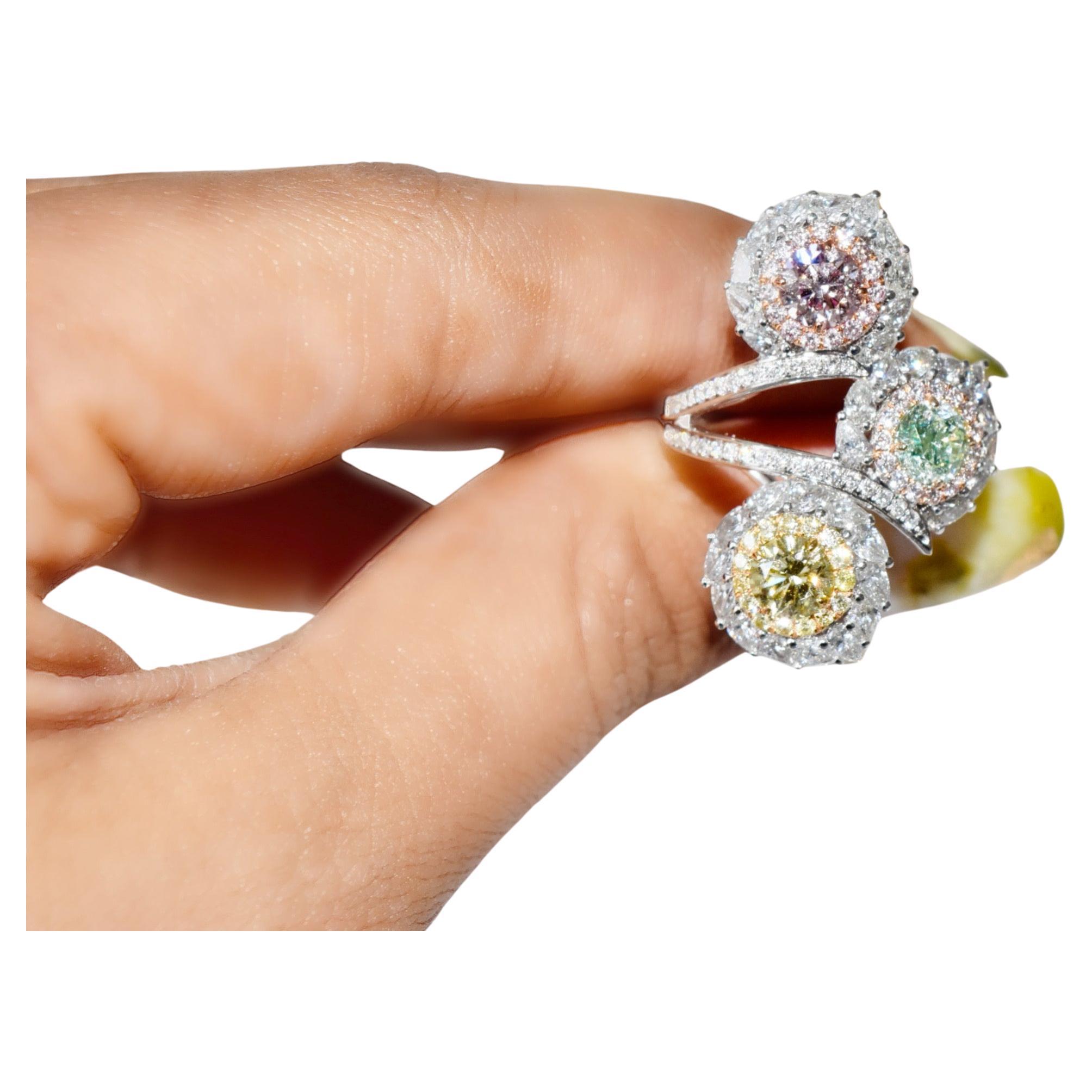 GIA 0.50/0.50/0.46 Carat Faint Pinkish Brown/Light Green Yellow/W-X Diamond Ring For Sale