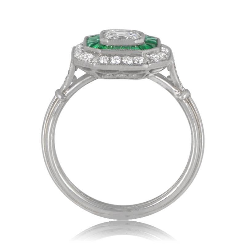 A modern Art Deco-style platinum engagement ring with a vibrant 0.50-carat Asscher cut diamond (GIA-certified J color, VS1 clarity). It's elegantly framed by double rows of calibre-cut emeralds and full-cut diamonds. The shank has a sleek