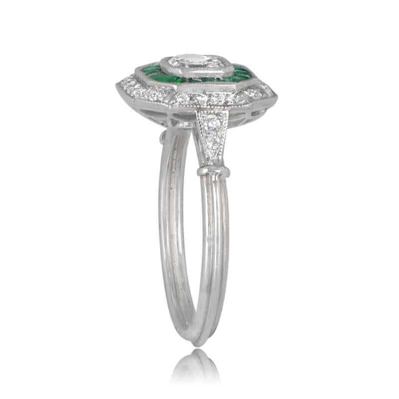 Art Deco GIA 0.50 Asscher Cut Diamond Engagement Ring, Diamond & Emerald Halo, Platinum