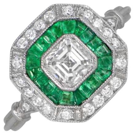 GIA 0.50 Asscher Cut Diamond Engagement Ring, Diamond & Emerald Halo, Platinum