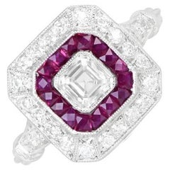 GIA 0.50ct Asscher Cut Diamond Engagement Ring, Diamond & Ruby Halo, Platinum