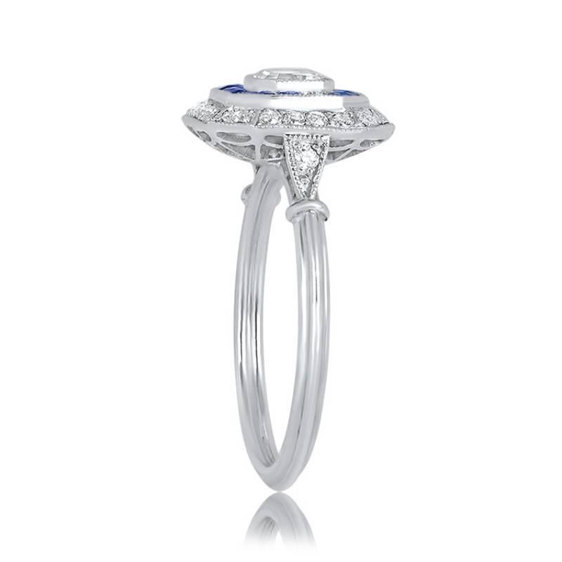 Art Deco GIA 0.50ct Asscher Cut Diamond Engagement Ring, Diamond & Sapphire Halo Platinum