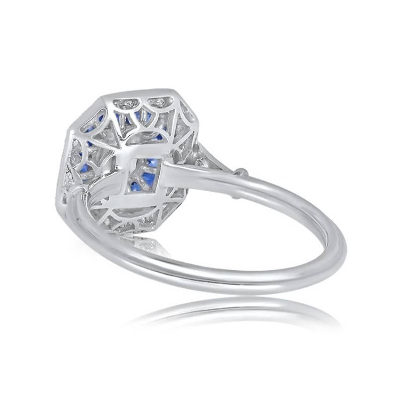 GIA 0.50ct Asscher Cut Diamond Engagement Ring, Diamond & Sapphire Halo Platinum In Excellent Condition In New York, NY