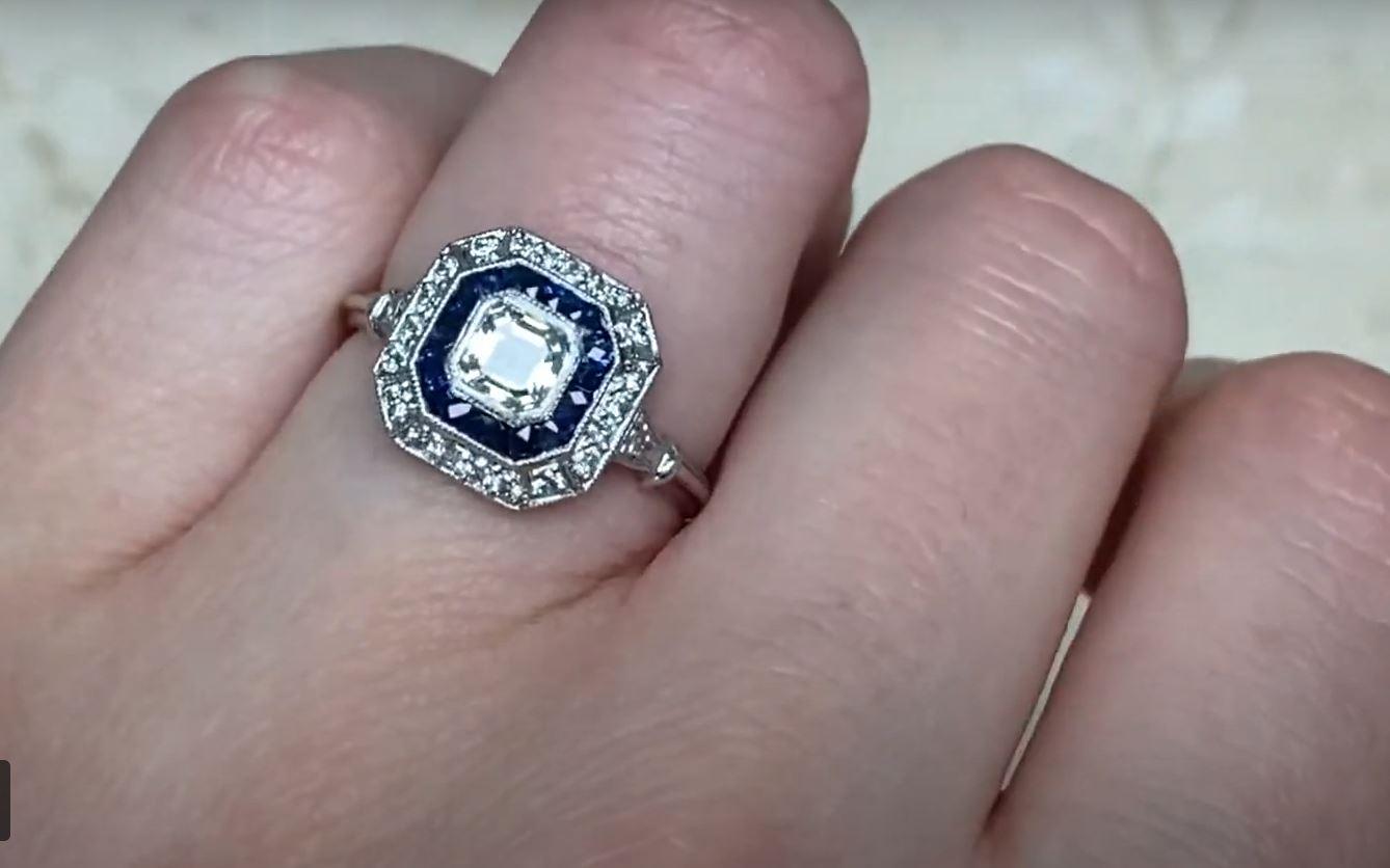 GIA 0.50ct Asscher Cut Diamond Engagement Ring, Diamond & Sapphire Halo Platinum 4