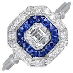 GIA 0.50ct Asscher Cut Diamond Engagement Ring, Diamond & Sapphire Halo Platinum