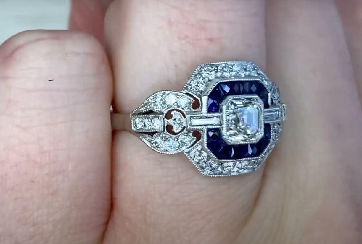 Art Deco GIA 0.50ct Asscher Cut Diamond Engagement Ring, Diamond&Sapphire Halo, Platinum