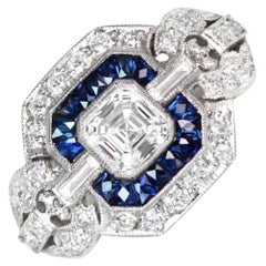 GIA 0.50ct Asscher Cut Diamond Engagement Ring, Diamond&Sapphire Halo, Platinum