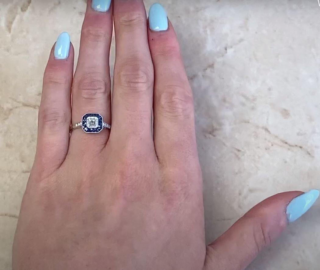 GIA 0.50ct Asscher Cut Diamond Engagement Ring, Sapphire Halo, Platinum For Sale 5