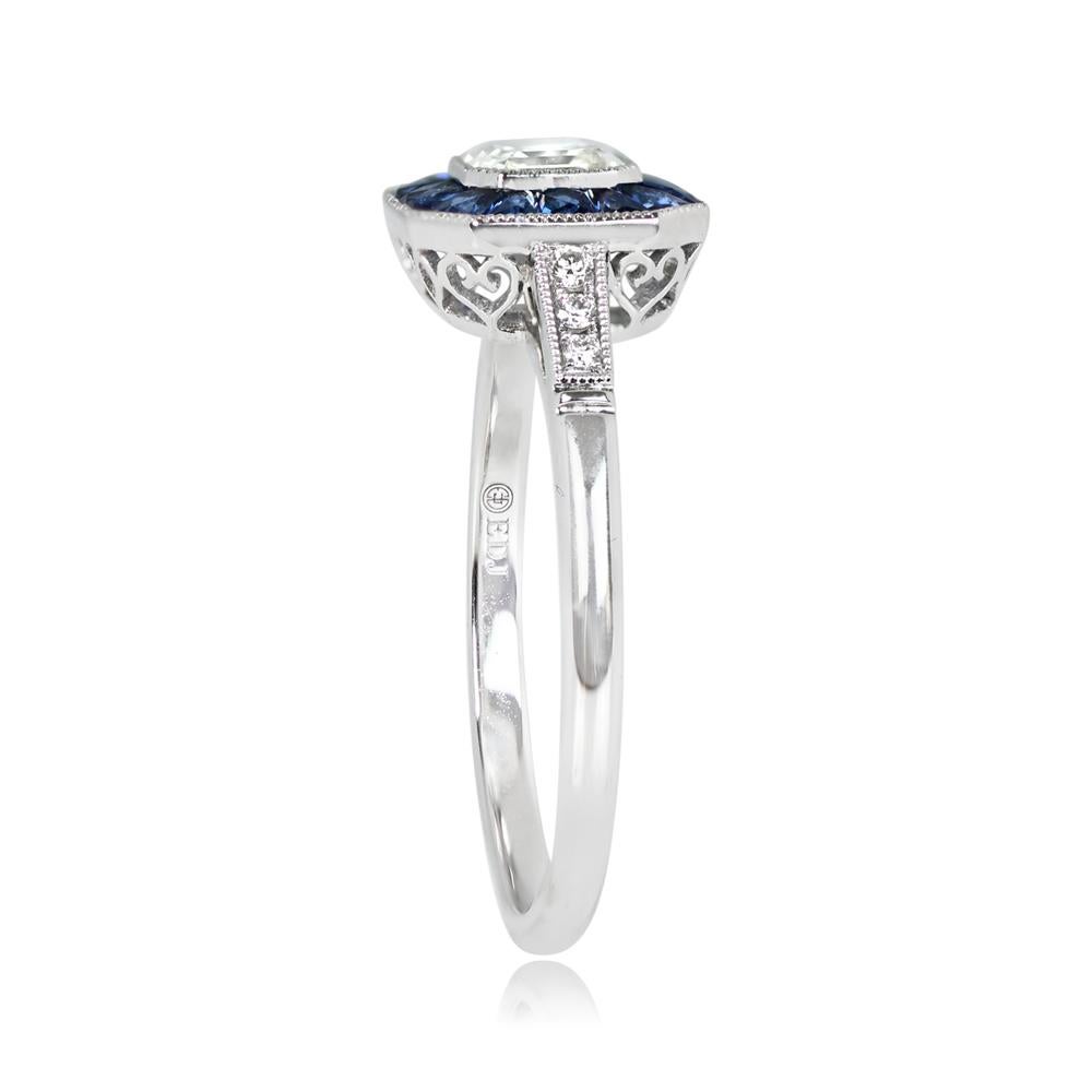Art Deco GIA 0.50ct Asscher Cut Diamond Engagement Ring, Sapphire Halo, Platinum For Sale