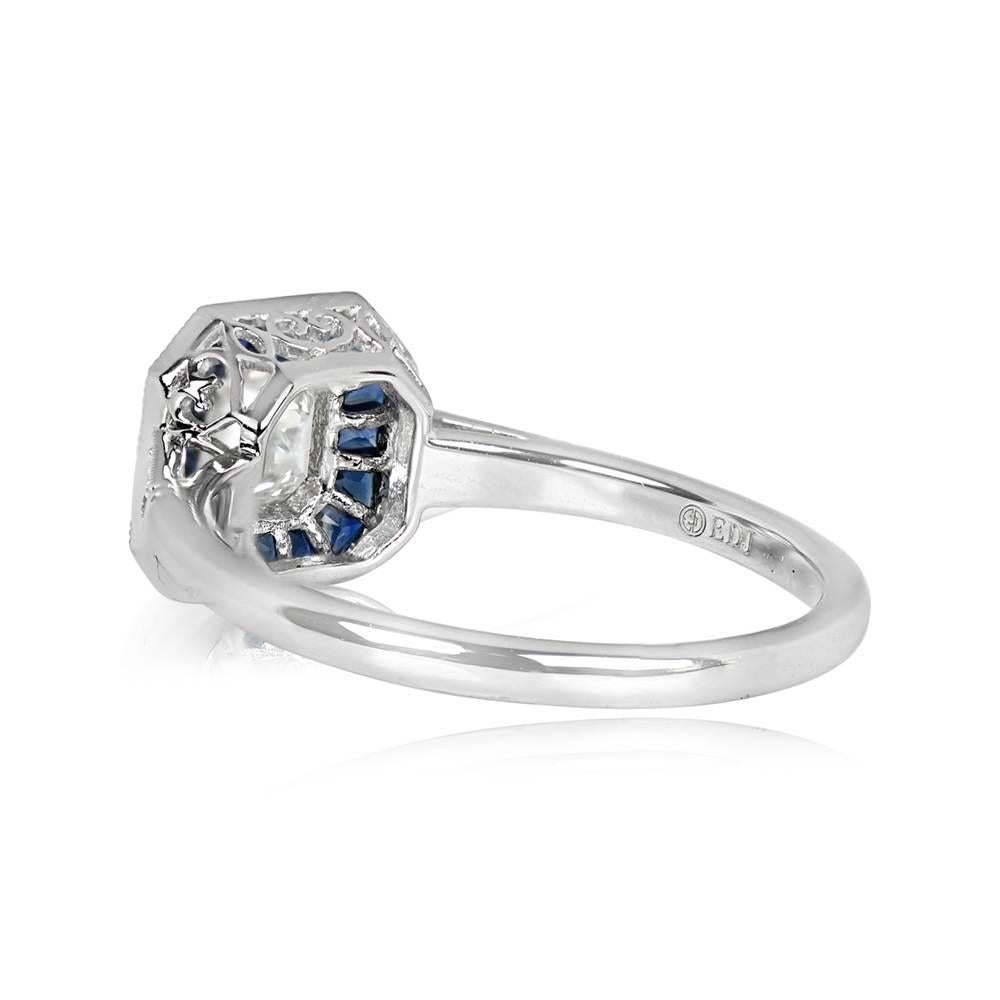 GIA 0.50ct Asscher Cut Diamond Engagement Ring, Sapphire Halo, Platinum In Excellent Condition For Sale In New York, NY