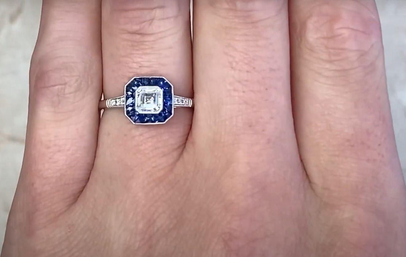 Women's GIA 0.50ct Asscher Cut Diamond Engagement Ring, Sapphire Halo, Platinum For Sale