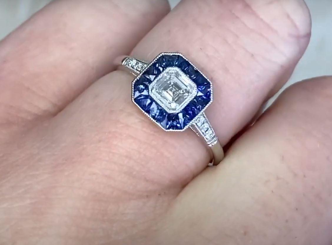 GIA 0.50ct Asscher Cut Diamond Engagement Ring, Sapphire Halo, Platinum For Sale 1