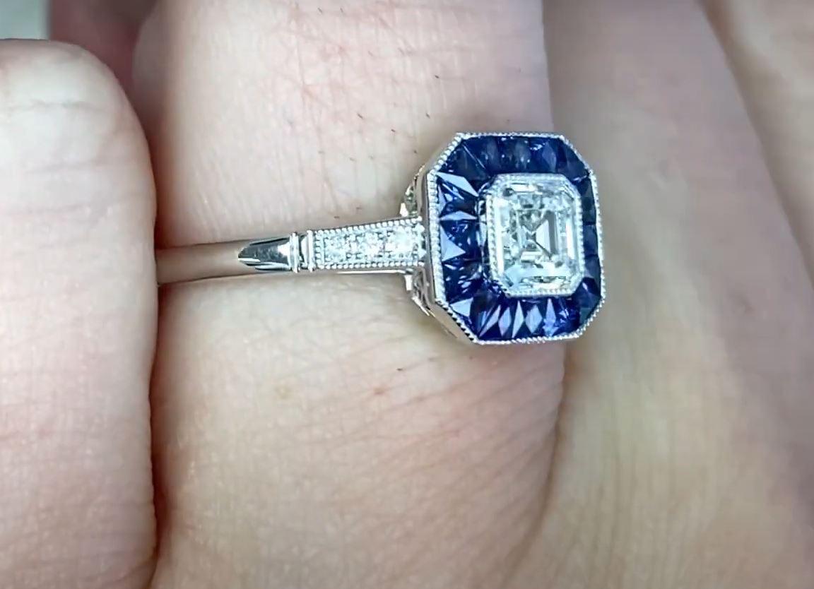 GIA 0.50ct Asscher Cut Diamond Engagement Ring, Sapphire Halo, Platinum For Sale 2