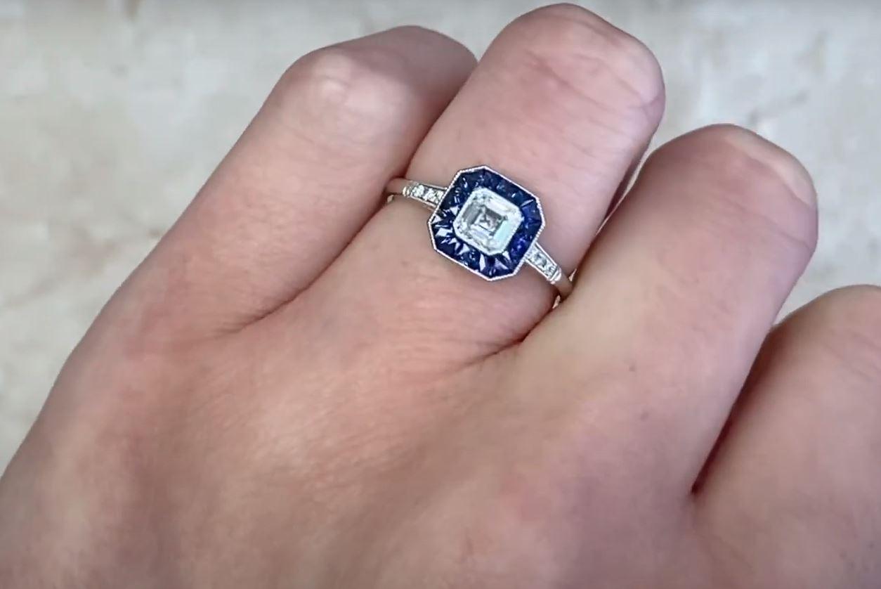 GIA 0.50ct Asscher Cut Diamond Engagement Ring, Sapphire Halo, Platinum For Sale 4