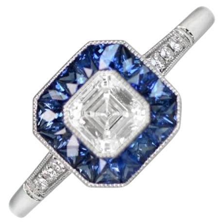 GIA 0.50ct Asscher Cut Diamond Engagement Ring, Sapphire Halo, Platinum For Sale