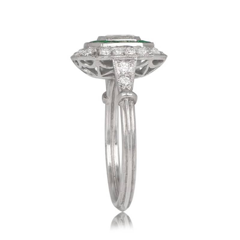Art Deco GIA 0.50ct Emerald Cut Diamond Engagement Ring, Diamond&Emerald Halo , Platinum  For Sale