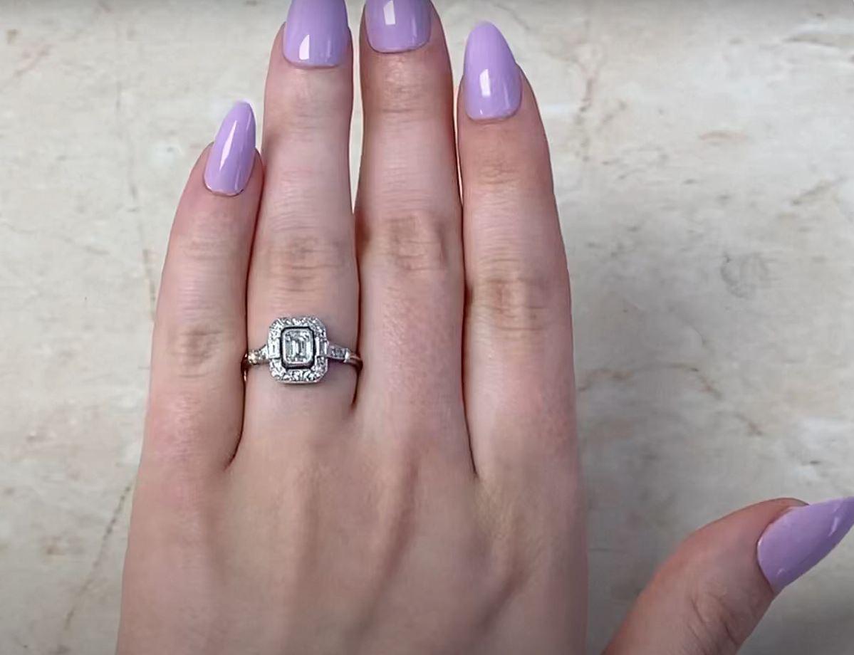 GIA 0.50ct Emerald Cut Diamond Engagement Ring, H Color, Diamond Halo, Platinum For Sale 5
