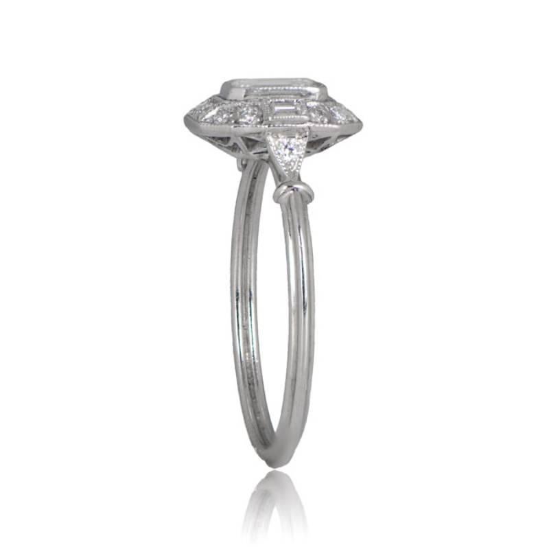 Art Deco GIA 0.50ct Emerald Cut Diamond Engagement Ring, H Color, Diamond Halo, Platinum For Sale