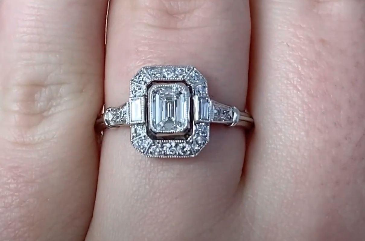 GIA 0.50ct Emerald Cut Diamond Engagement Ring, H Color, Diamond Halo, Platinum For Sale 1