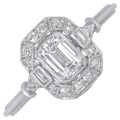 GIA 0.50ct Emerald Cut Diamond Engagement Ring, H Color, Diamond Halo, Platinum For Sale