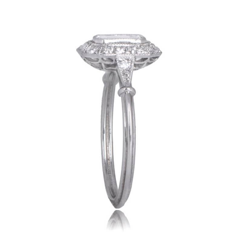 Art Deco GIA 0.50ct Emerald Cut Diamond Engagement Ring, I color, Diamond Halo, Platinum