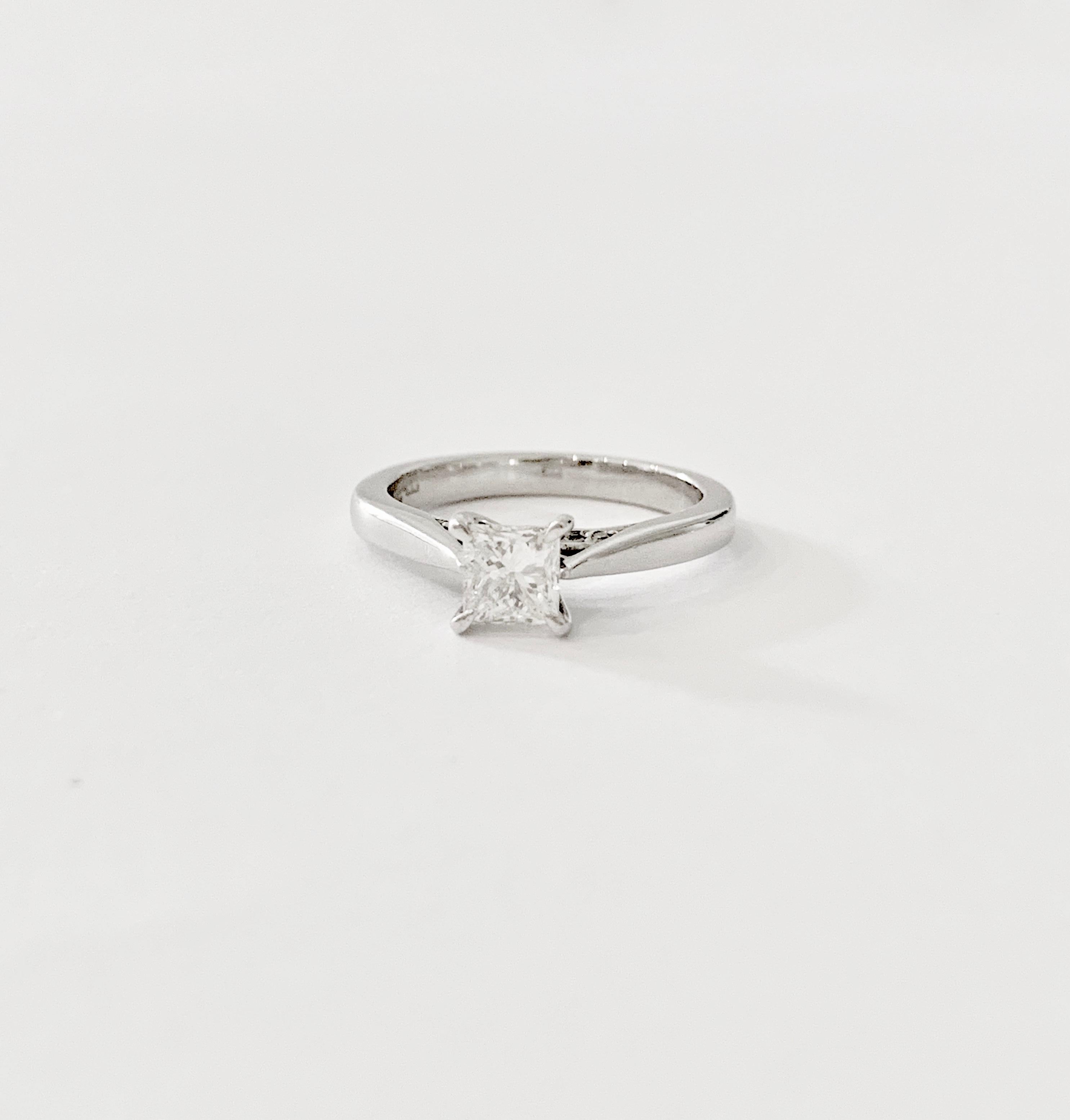 This elegant GIA 0.50ct Princess Cut diamond is claw set a Platinum band with a diamond accent on the curve of the band under the stone.  The Diamond is Certified as G colour and VS2 Clarity and measures 4.36 - 4.20 x 3.21.

The ring weight for the