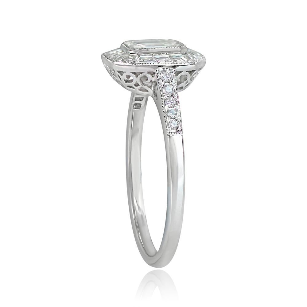 Art Deco GIA 0.54ct Emerald Cut Diamond Engagement Ring, G color, Diamond Halo, Platinum For Sale