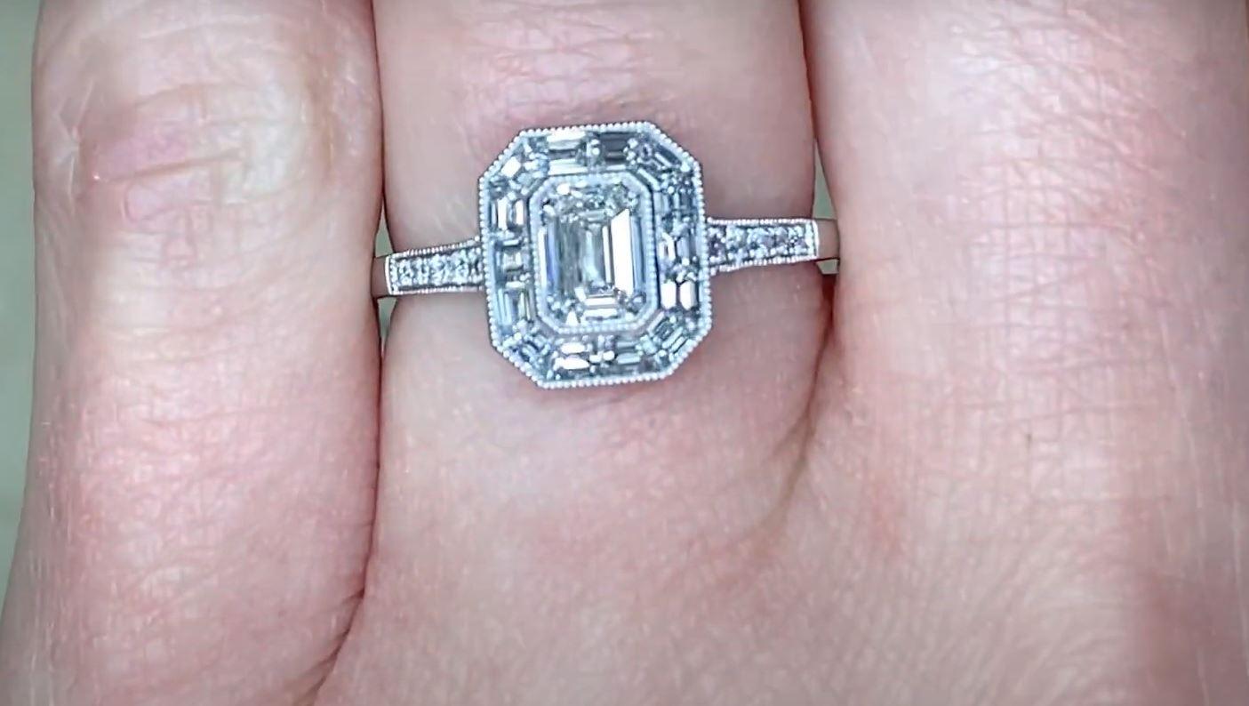 GIA 0.54ct Emerald Cut Diamond Engagement Ring, G color, Diamond Halo, Platinum In Excellent Condition For Sale In New York, NY
