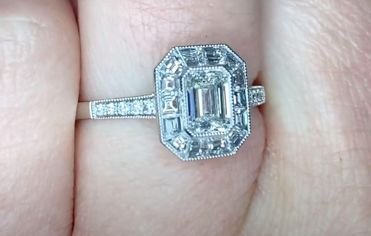GIA 0.54ct Emerald Cut Diamond Engagement Ring, G color, Diamond Halo, Platinum For Sale 1