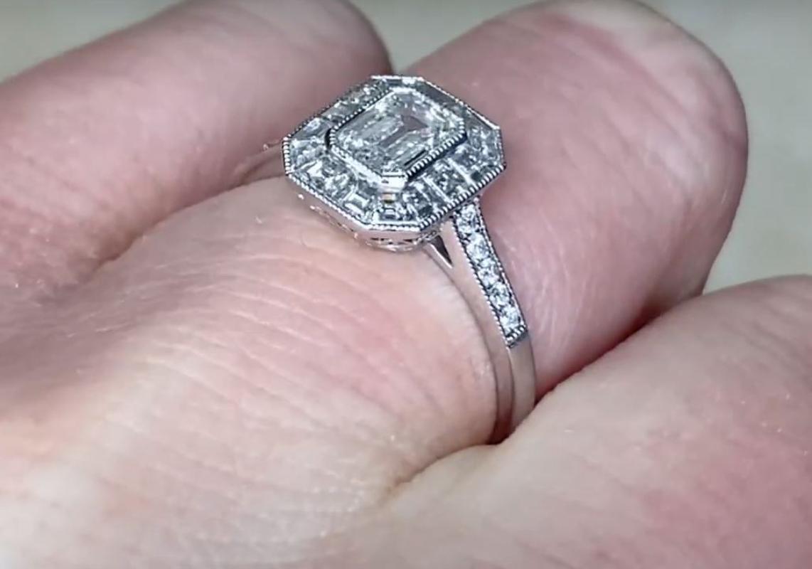 GIA 0.54ct Emerald Cut Diamond Engagement Ring, G color, Diamond Halo, Platinum For Sale 2