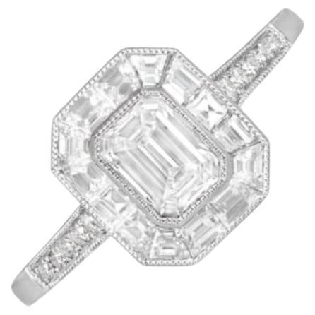 GIA 0.54ct Emerald Cut Diamond Engagement Ring, G color, Diamond Halo, Platinum For Sale
