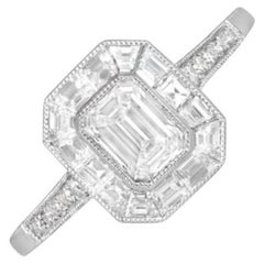 GIA 0.54ct Emerald Cut Diamond Engagement Ring, G color, Diamond Halo, Platinum